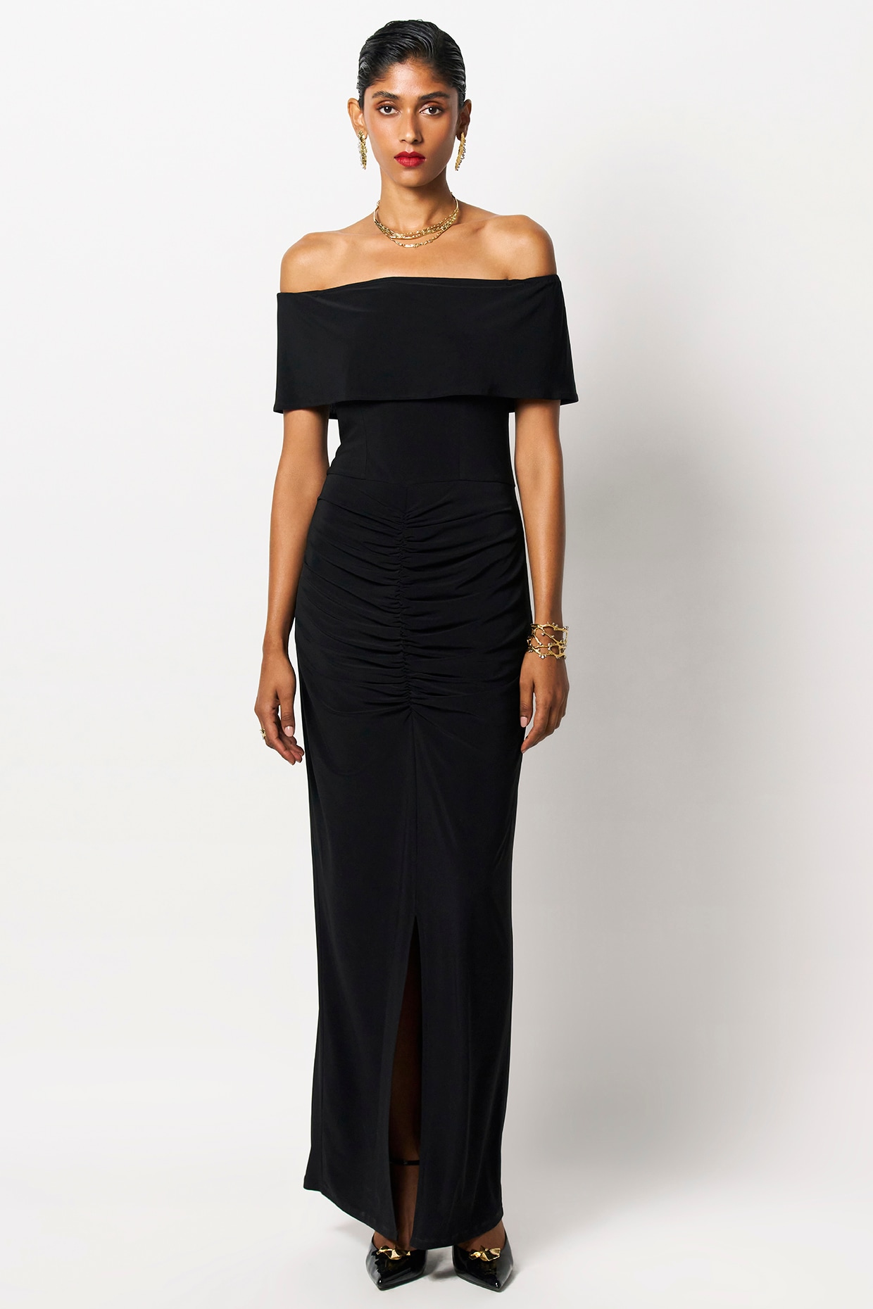 【FETICO】JERSEY OFF SHOULDER DRESS Black Soft Jersey Off-Shoulder Gathered Maxi Vacation Dress by 431