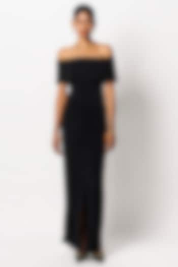 Black Soft Jersey Off-Shoulder Gathered Maxi Vacation Dress by 431-88 By Shweta Kapur at Pernia's Pop Up Shop