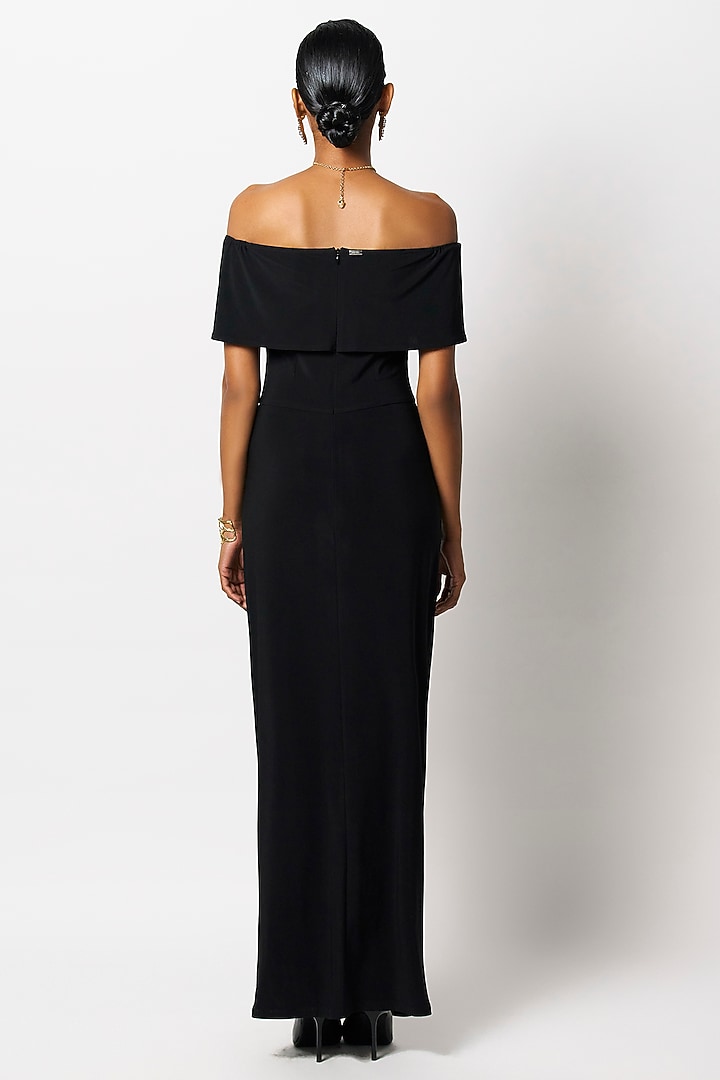 Black Soft Jersey Off-Shoulder Gathered Maxi Vacation Dress by 431-88 By Shweta Kapur at Pernia's Pop Up Shop