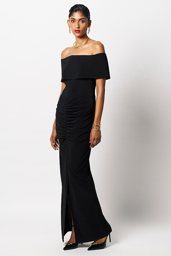 Black Soft Jersey Off-Shoulder Gathered Maxi Vacation Dress by 431-88 By Shweta Kapur at Pernia's Pop Up Shop
