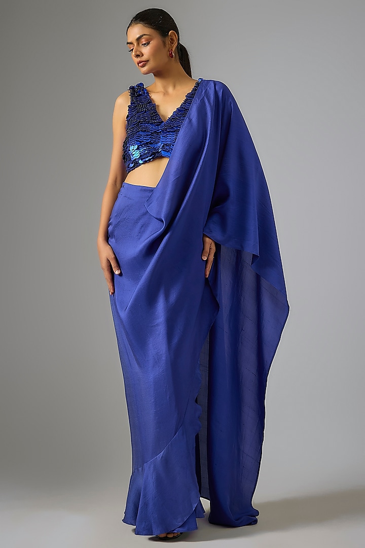 Blue Silk Ruffled Pre-Draped Wedding Saree  by 431-88 By Shweta Kapur at Pernia's Pop Up Shop