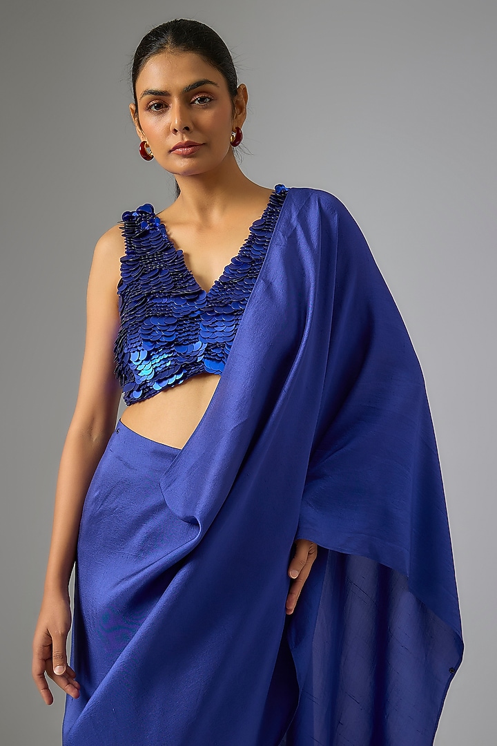 Blue Silk Ruffled Pre-Draped Wedding Saree  by 431-88 By Shweta Kapur at Pernia's Pop Up Shop
