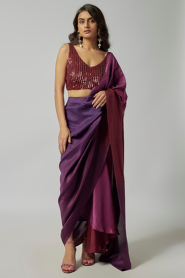 Ombre Plum Silk Pre-Draped Wedding Saree by 431-88 By Shweta Kapur at Pernia's Pop Up Shop