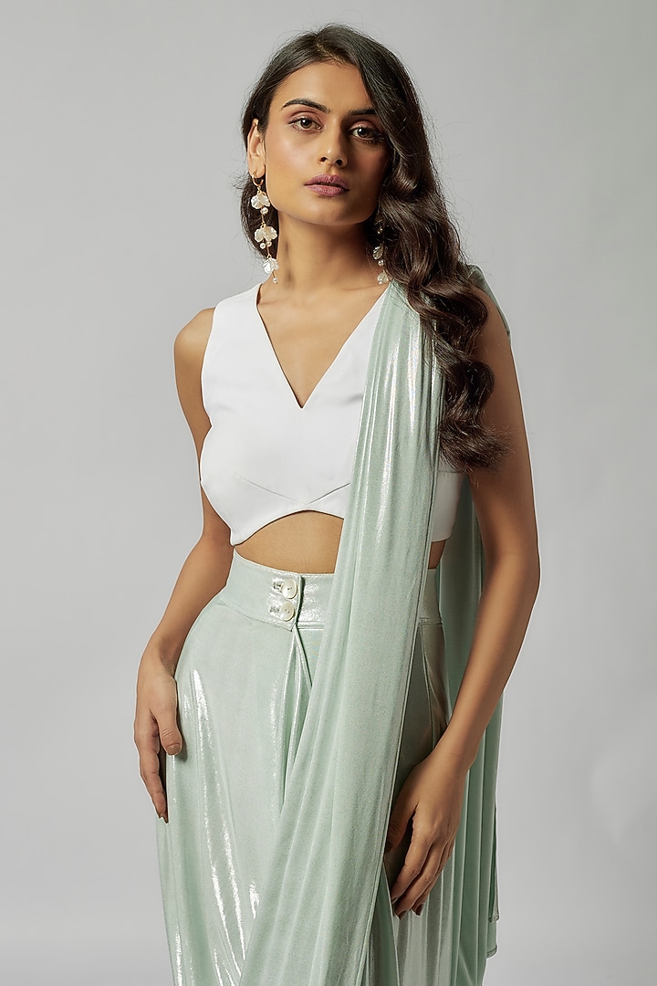Mint Liquid Jersey Pre-Draped Wedding Saree by 431-88 By Shweta Kapur at Pernia's Pop Up Shop