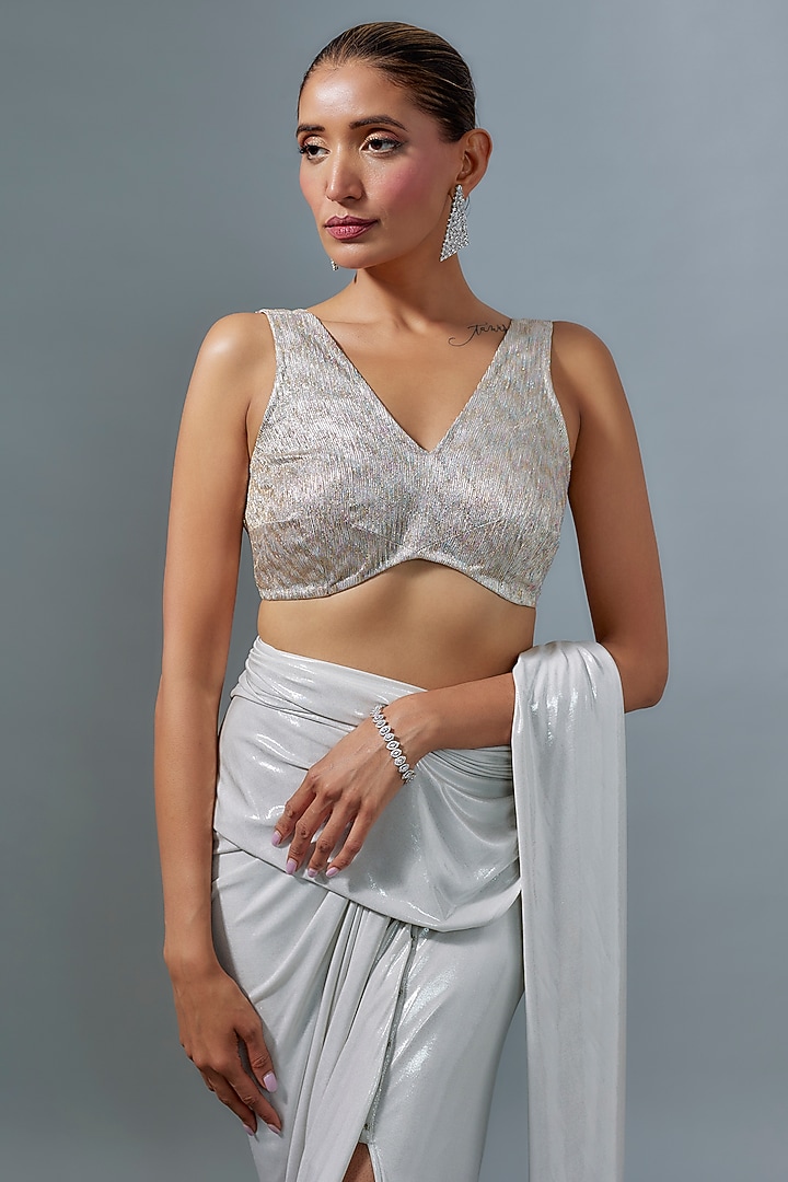Champagne Pleated Metallic Blouse by 431-88 By Shweta Kapur at Pernia's Pop Up Shop