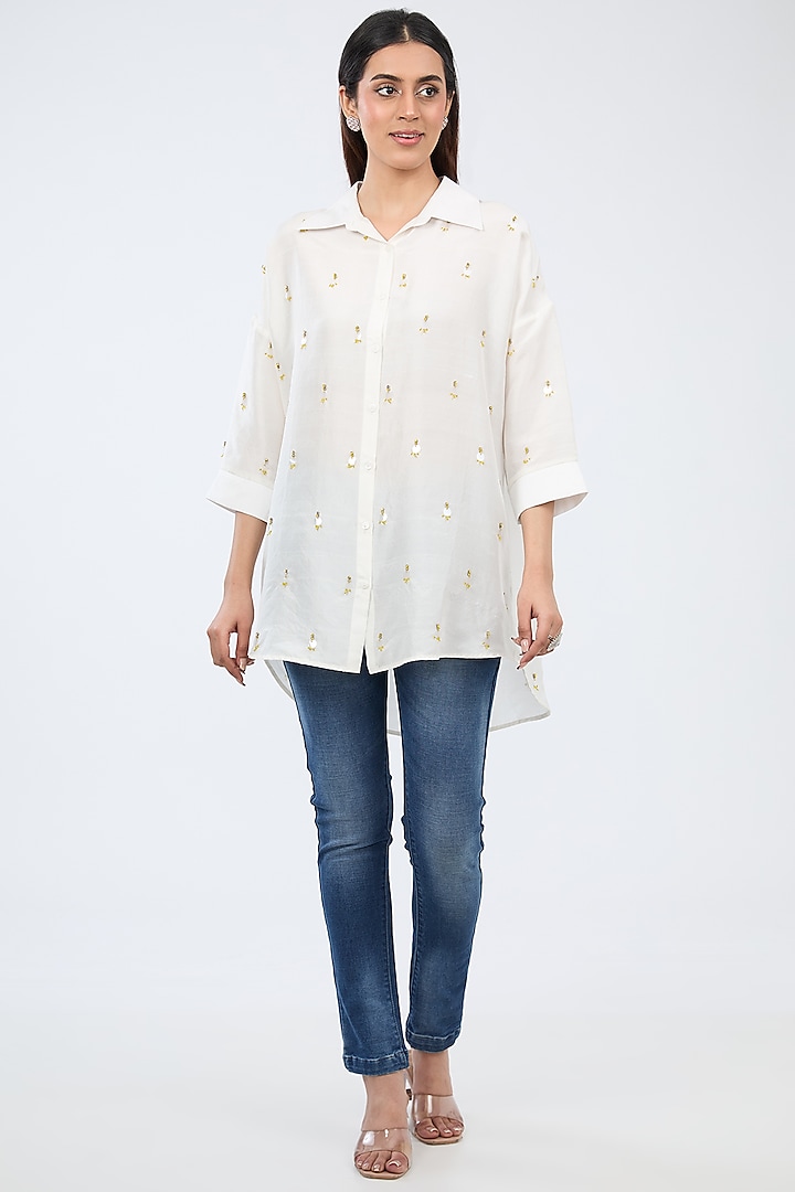 White Silk Beads & Sequins Embroidered Shirt by 431-88 By Shweta Kapur at Pernia's Pop Up Shop