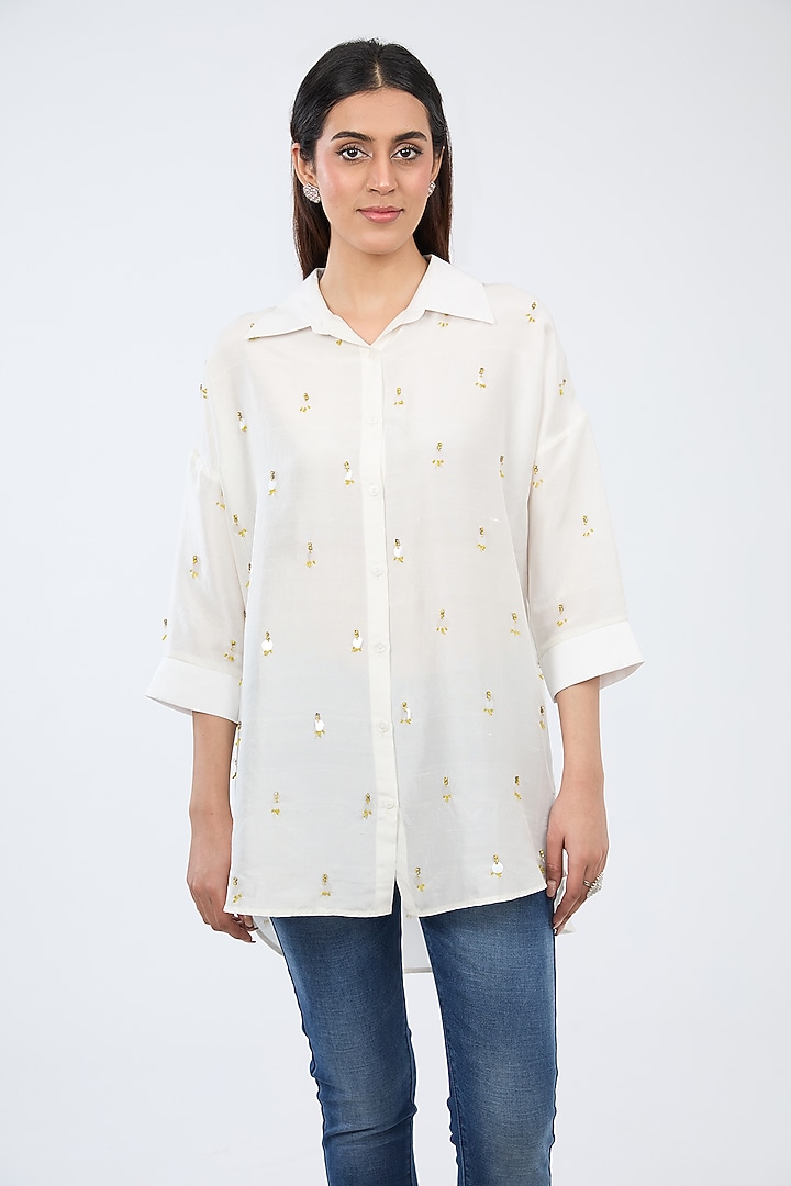 White Silk Beads & Sequins Embroidered Shirt by 431-88 By Shweta Kapur at Pernia's Pop Up Shop