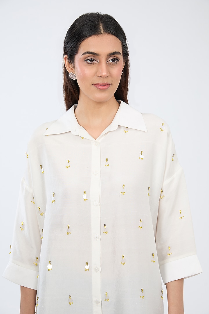White Silk Beads & Sequins Embroidered Shirt by 431-88 By Shweta Kapur at Pernia's Pop Up Shop
