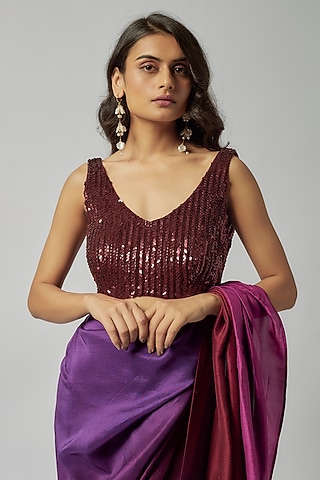 Maroon Silk Sequins & Glass Bead Embroidered Blouse by 431-88 By Shweta Kapur