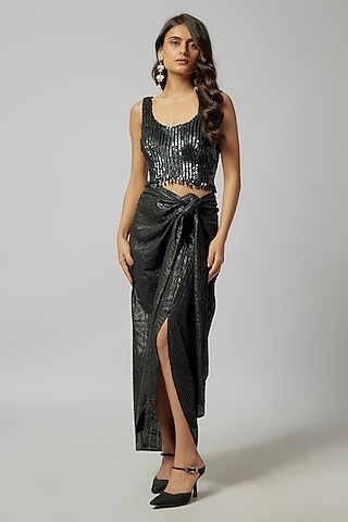 Black Embossed Jersey Printed Draped Skirt by 431-88 By Shweta Kapur