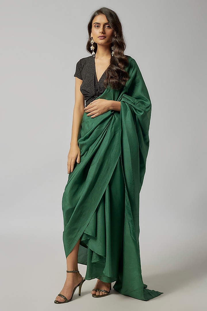 Forest Green Silk Pre-Draped Wedding Saree by 431-88 By Shweta Kapur at Pernia's Pop Up Shop