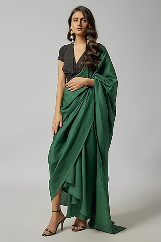 Forest Green Silk Pre-Draped Saree by 431-88 By Shweta Kapur