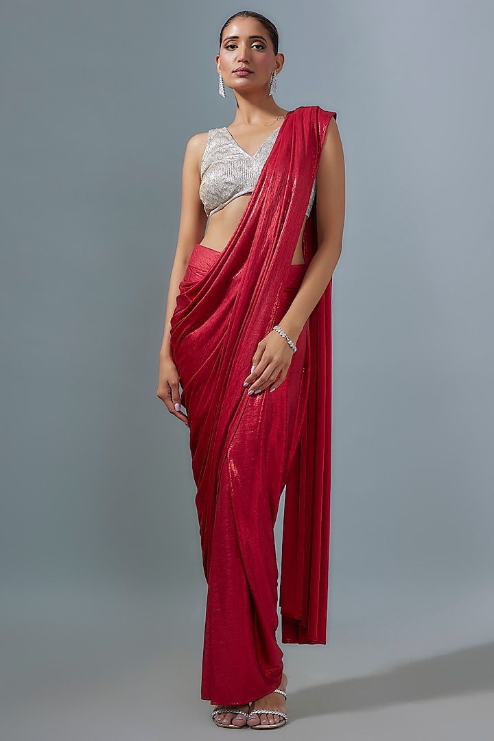 Red Pleated Metallic Saree by 431-88 By Shweta Kapur at Pernia's Pop Up Shop