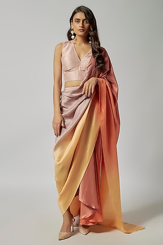 Ombre Peach Silk Pre-Draped Saree by 431-88 By Shweta Kapur