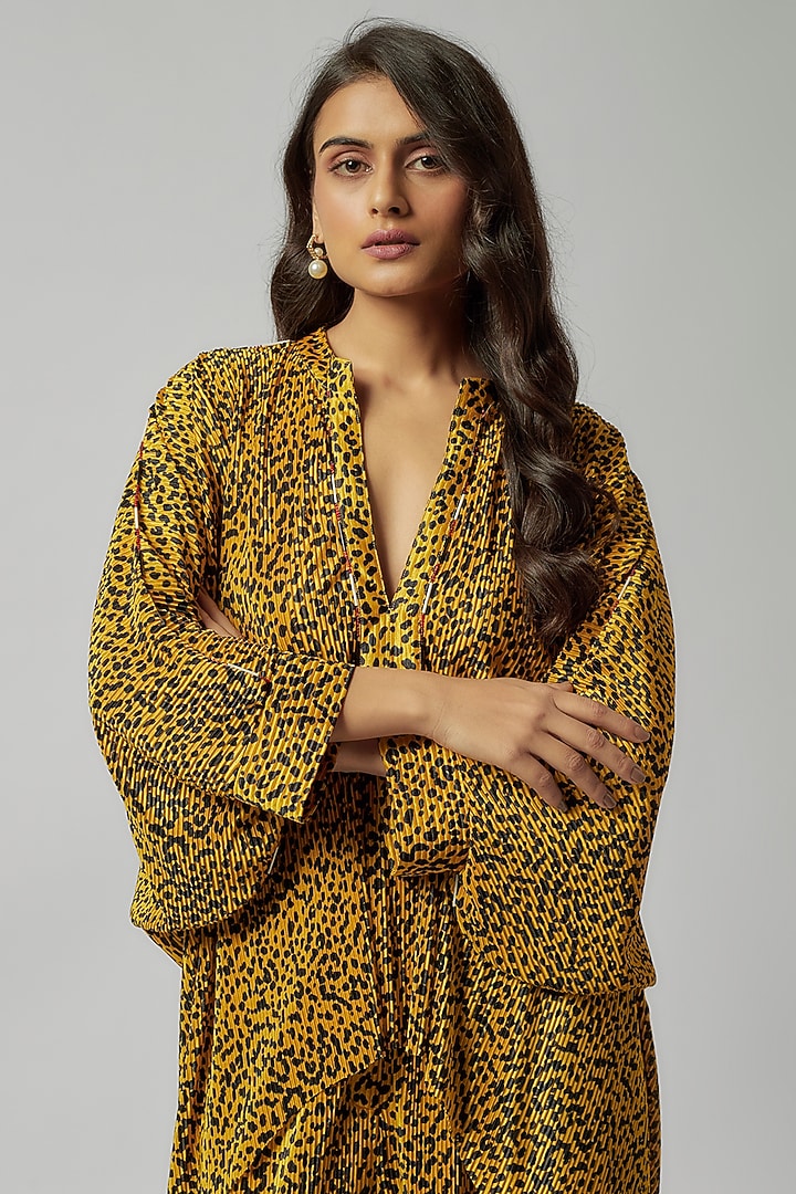 Yellow Pleated Metallic Printed Co-Ord Set by 431-88 By Shweta Kapur at Pernia's Pop Up Shop