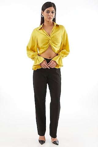Yellow Satin Knotted Cropped Top by 431-88 By Shweta Kapur