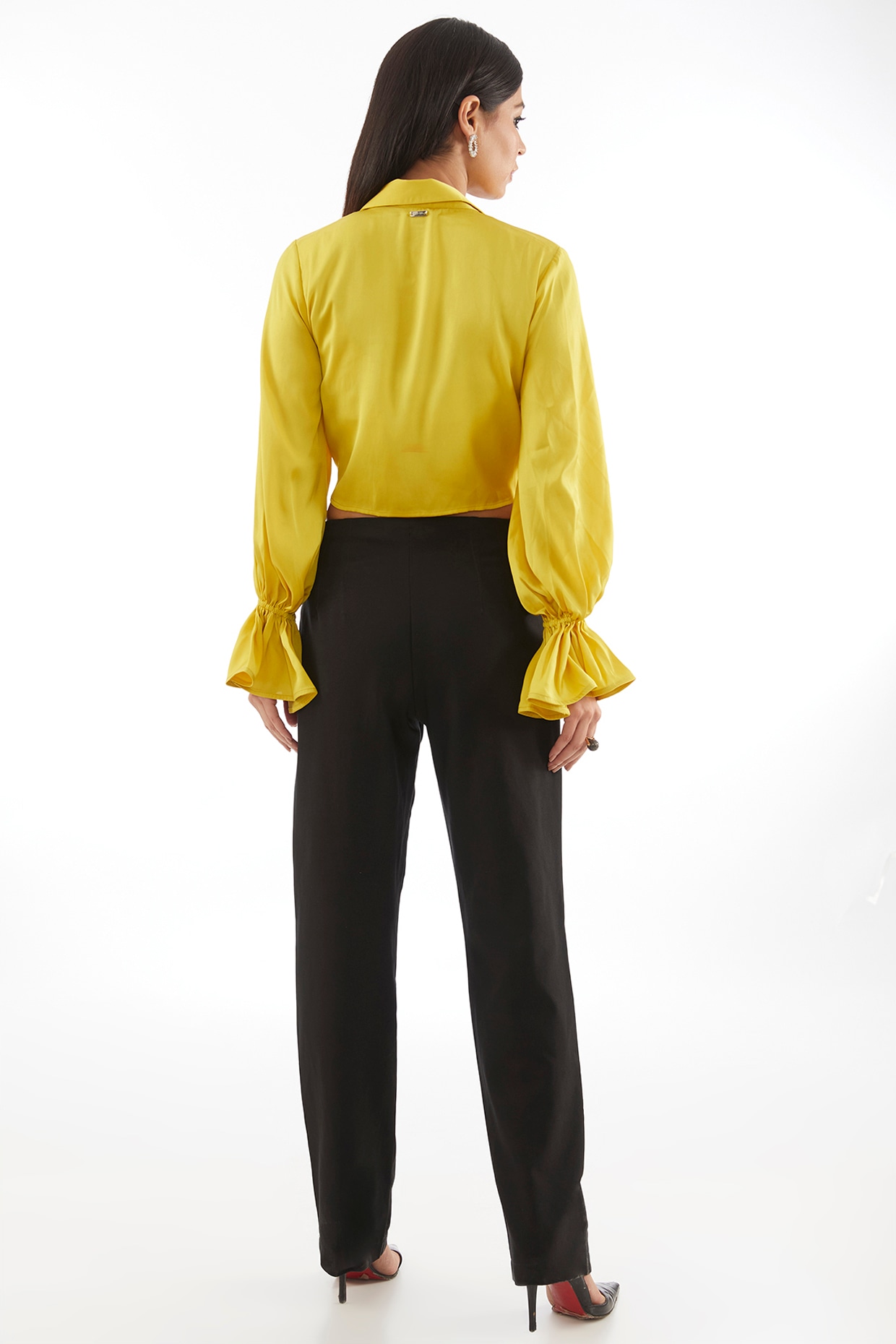 Yellow Satin Knotted Cropped Top by 431-88 By Shweta Kapur at