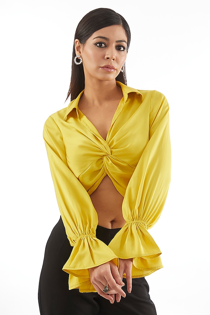 Yellow Satin Knotted Cropped Top by 431-88 By Shweta Kapur at Pernia's Pop Up Shop