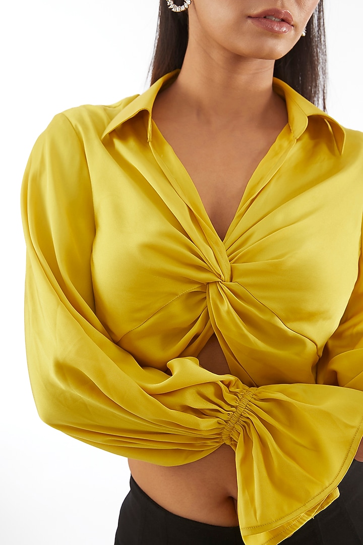 Yellow Satin Knotted Cropped Top by 431-88 By Shweta Kapur at Pernia's Pop Up Shop