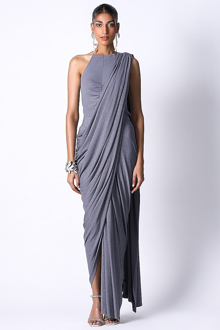Grey Shimmer jersey Draped Wedding Saree by 431-88 By Shweta Kapur at Pernia's Pop Up Shop