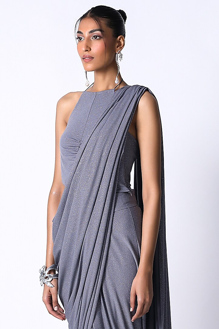 Grey Shimmer jersey Draped Wedding Saree by 431-88 By Shweta Kapur at Pernia's Pop Up Shop