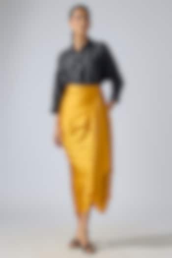 Ochre Yellow Silk Satin Draped Tie-Up Skirt by 431-88 By Shweta Kapur at Pernia's Pop Up Shop