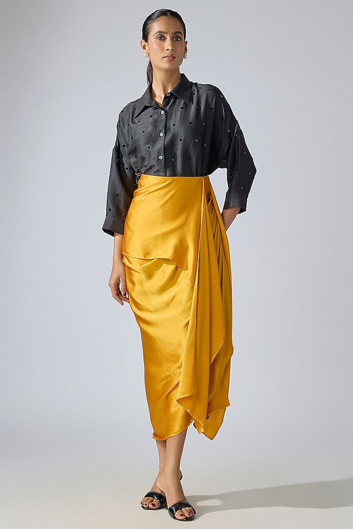 Ochre Yellow Silk Satin Draped Tie-Up Skirt by 431-88 By Shweta Kapur at Pernia's Pop Up Shop