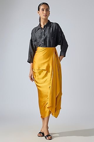 Ochre Yellow Silk Satin Draped Tie-Up Skirt by 431-88 By Shweta Kapur