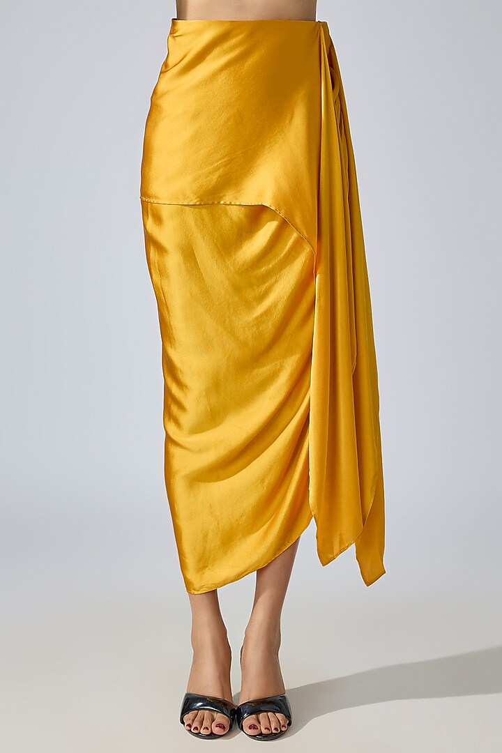 Ochre Yellow Silk Satin Draped Tie-Up Skirt by 431-88 By Shweta Kapur at Pernia's Pop Up Shop