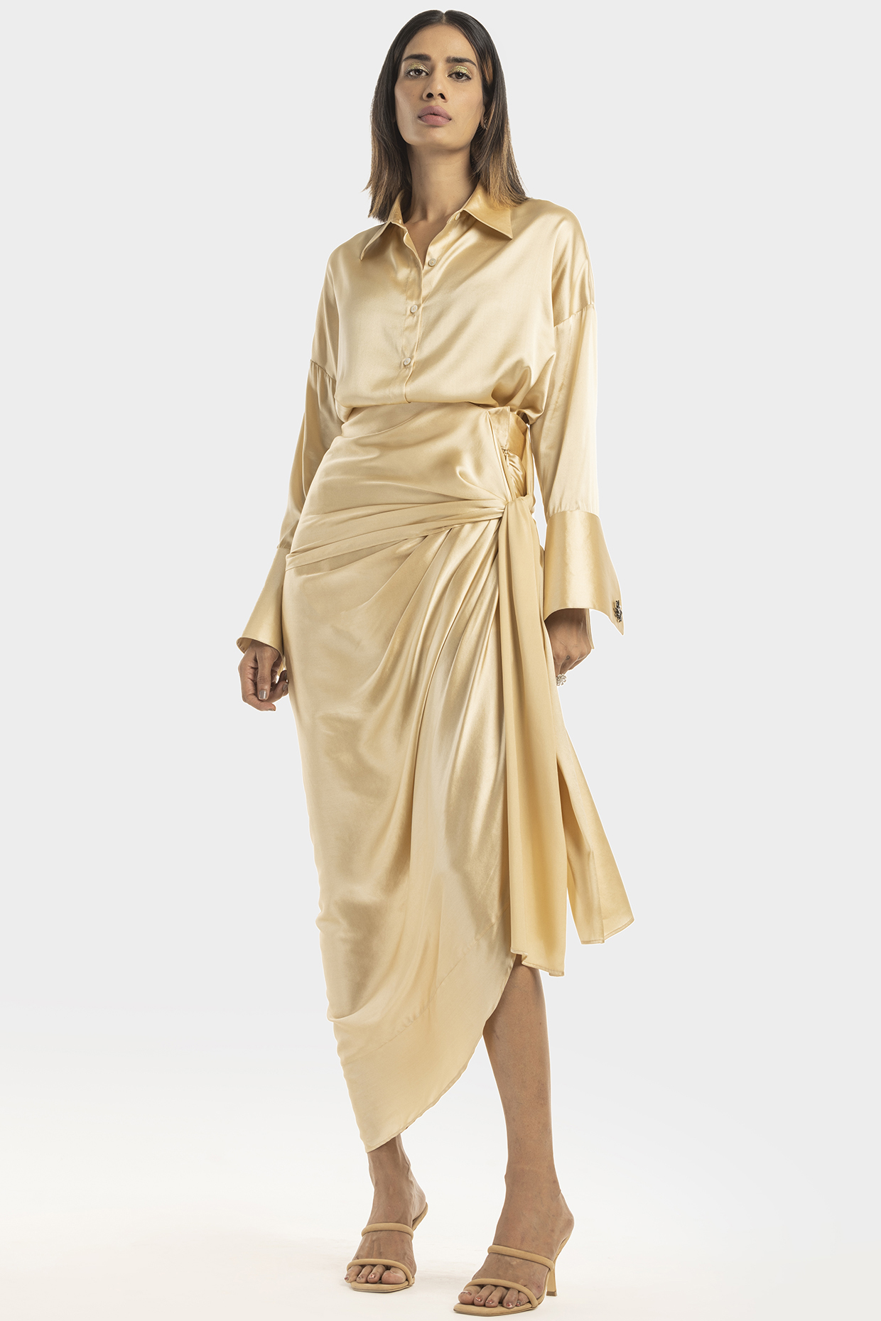 Champagne Silk Satin Tie-Up Skirt by 431-88 By Shweta Kapur at Pernia's Pop Up Shop
