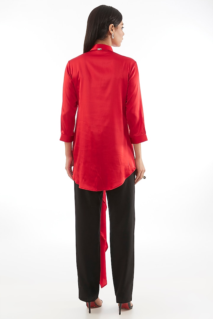 Red Silk Satin Scarf Shirt by 431-88 By Shweta Kapur at Pernia's Pop Up Shop