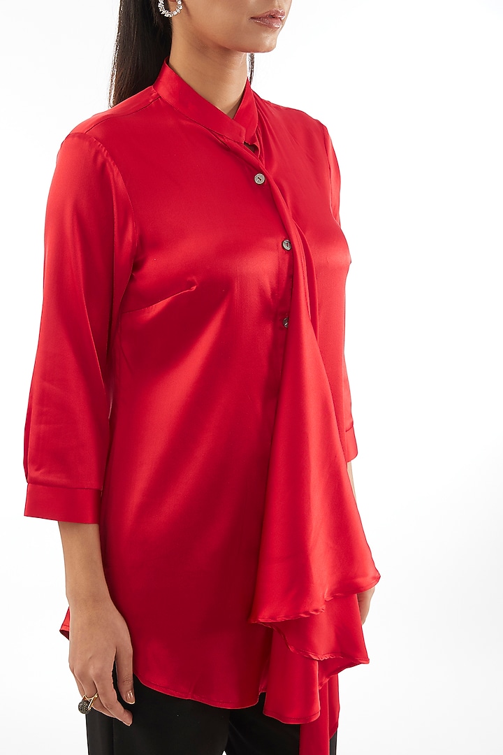 Red Silk Satin Scarf Shirt by 431-88 By Shweta Kapur at Pernia's Pop Up Shop