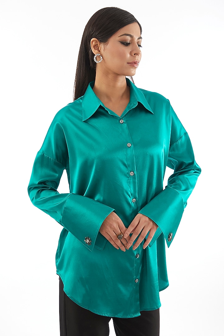 Emerald Green Silk Satin Shirt by 431-88 By Shweta Kapur at Pernia's Pop Up Shop