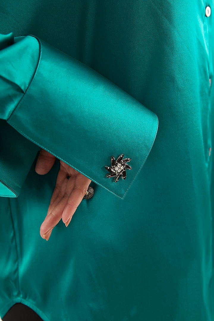 Emerald Green Silk Satin Shirt by 431-88 By Shweta Kapur at Pernia's Pop Up Shop