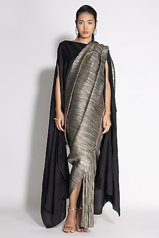 Black Pleated Metallic Saree by 431-88 By Shweta Kapur