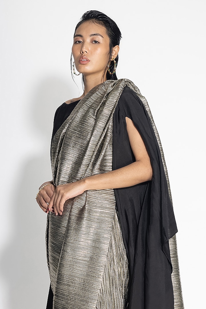 Black Pleated Metallic Wedding Saree by 431-88 By Shweta Kapur at Pernia's Pop Up Shop