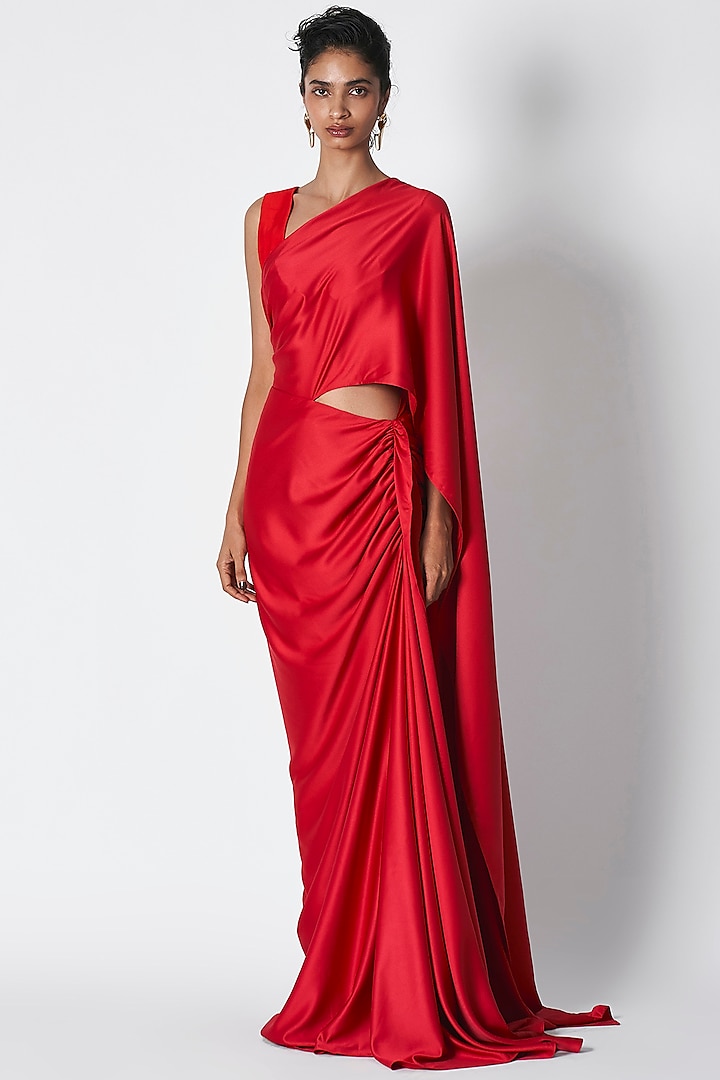 Red Crepe Pre-Draped Wedding Saree by 431-88 By Shweta Kapur at Pernia's Pop Up Shop