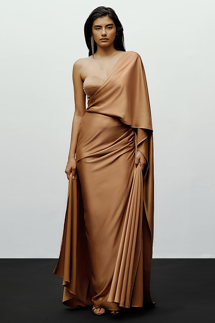 Copper Crepe Pre-Stitched Wedding Saree by 431-88 By Shweta Kapur at Pernia's Pop Up Shop
