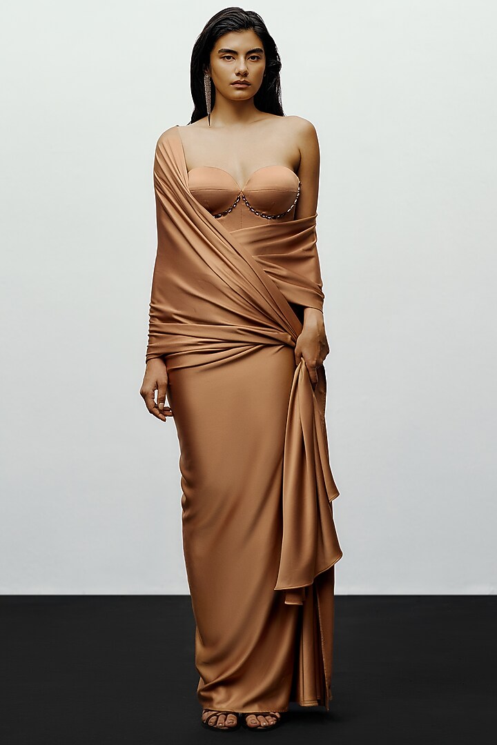 Copper Crepe Pre-Stitched Wedding Saree by 431-88 By Shweta Kapur at Pernia's Pop Up Shop