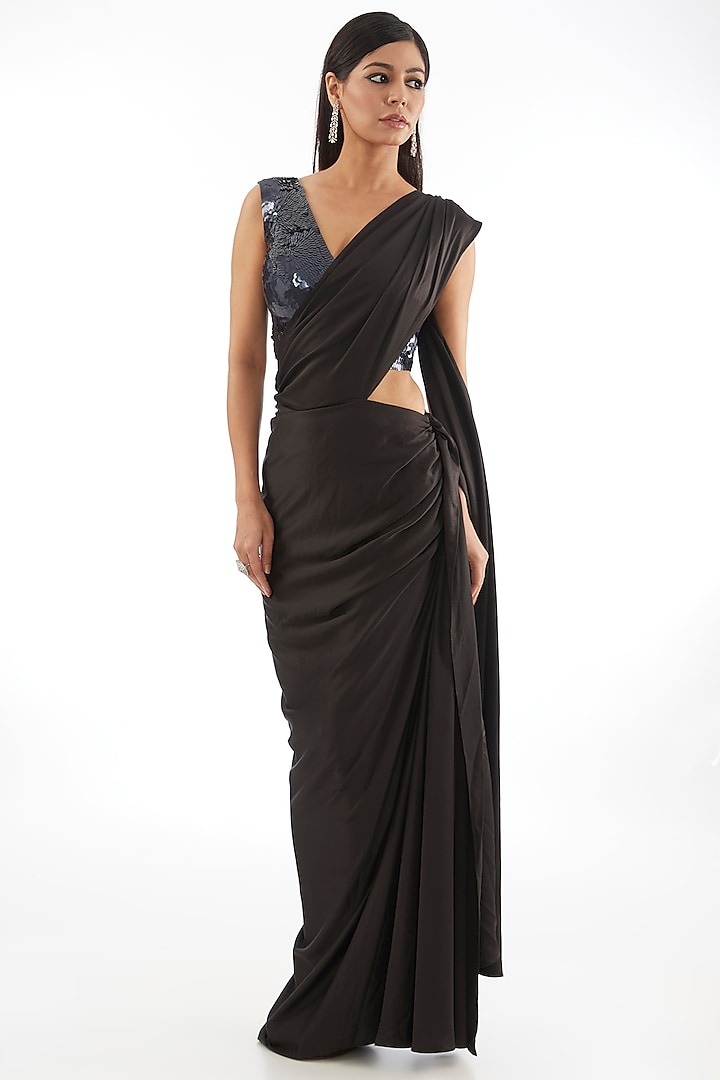 Black Versace Crepe Draped Saree by 431-88 By Shweta Kapur at Pernia's Pop Up Shop