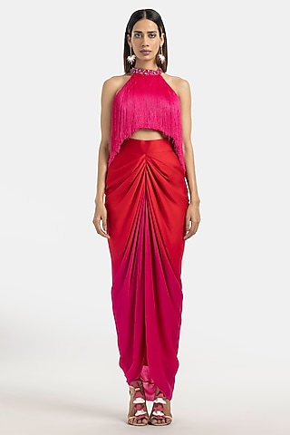 Fuchsia Ombre Chiffon Draped Skirt by 431-88 By Shweta Kapur
