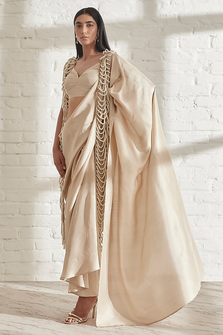 Champagne Silk Wedding Saree by 431-88 By Shweta Kapur at Pernia's Pop Up Shop