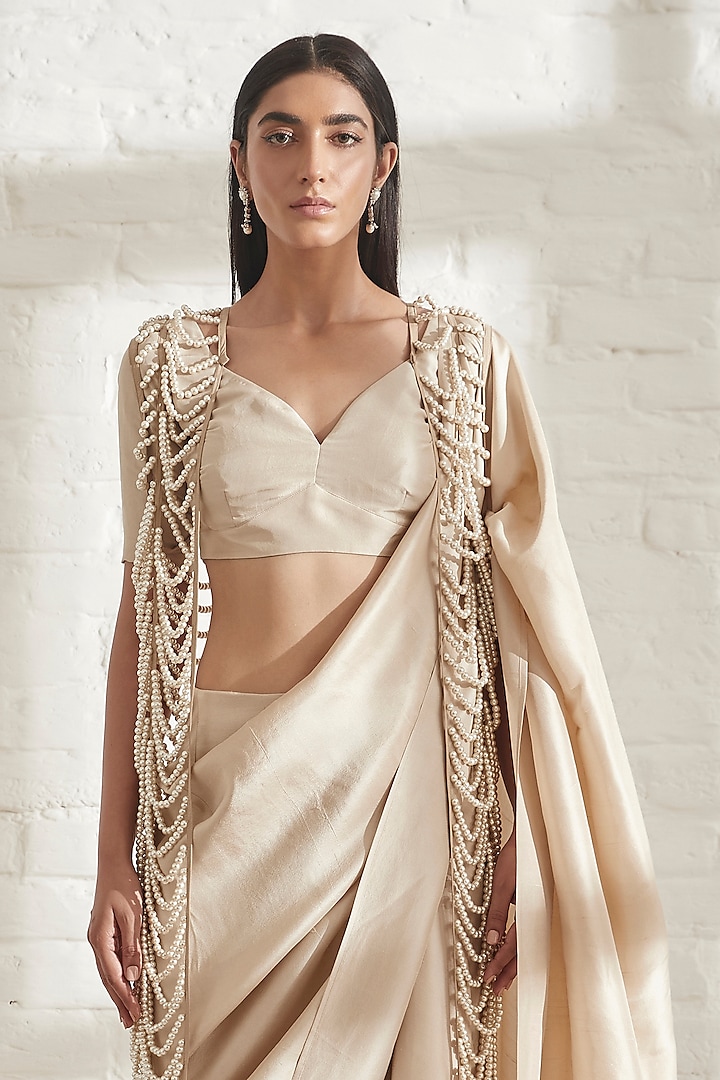 Champagne Silk Wedding Saree by 431-88 By Shweta Kapur at Pernia's Pop Up Shop