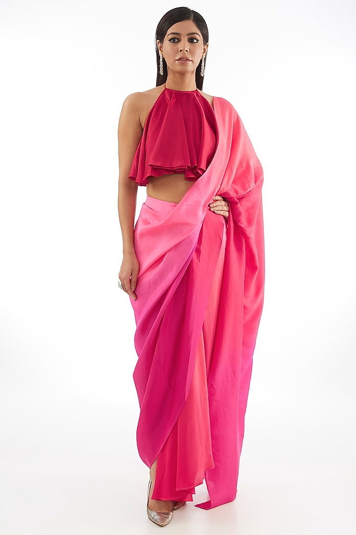 Pink & Red Ombre Silk Draped Saree by 431-88 By Shweta Kapur