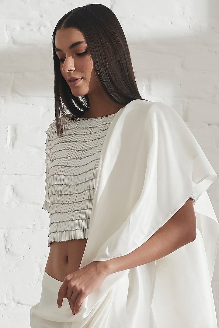White Dupion Silk Swing Crop Top by 431-88 By Shweta Kapur at Pernia's Pop Up Shop