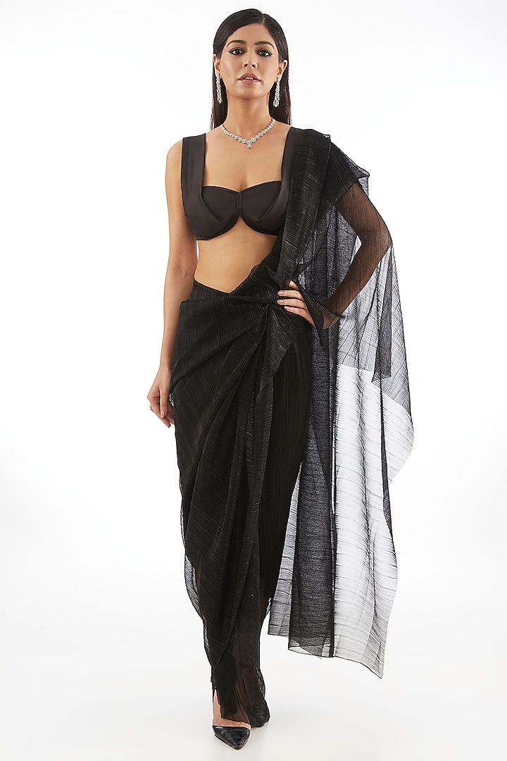 Black Shimmer Net Pre-Draped Saree by 431-88 By Shweta Kapur at Pernia's Pop Up Shop