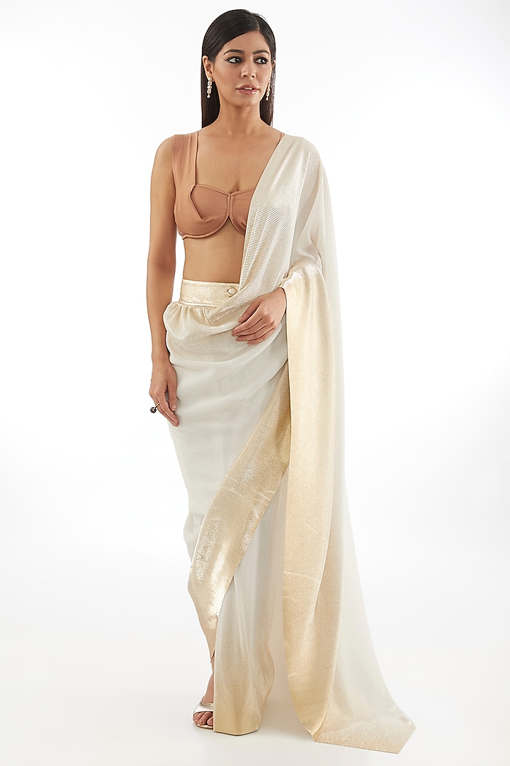 White & Gold Ombre Pleated Metallic Draped Saree by 431-88 By Shweta Kapur at Pernia's Pop Up Shop