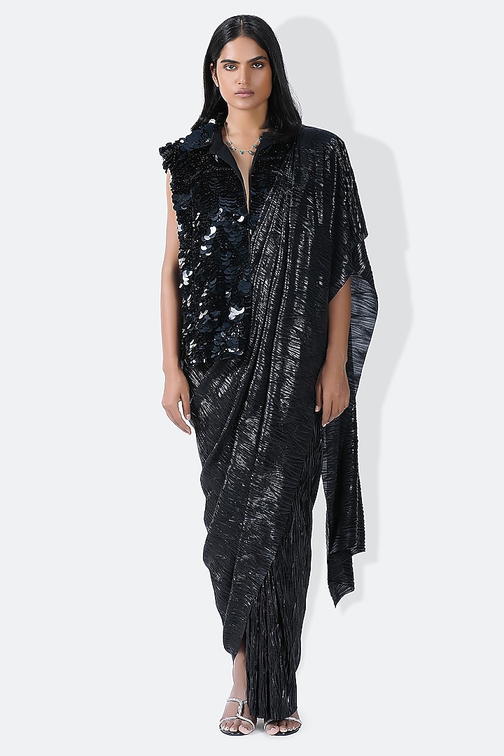 Black Pleated Metallic Wedding Saree by 431-88 By Shweta Kapur at Pernia's Pop Up Shop