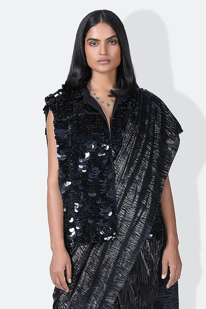 Black Pleated Metallic Wedding Saree by 431-88 By Shweta Kapur at Pernia's Pop Up Shop
