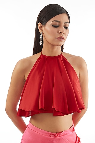 Red Satin Ruffled Top by 431-88 By Shweta Kapur